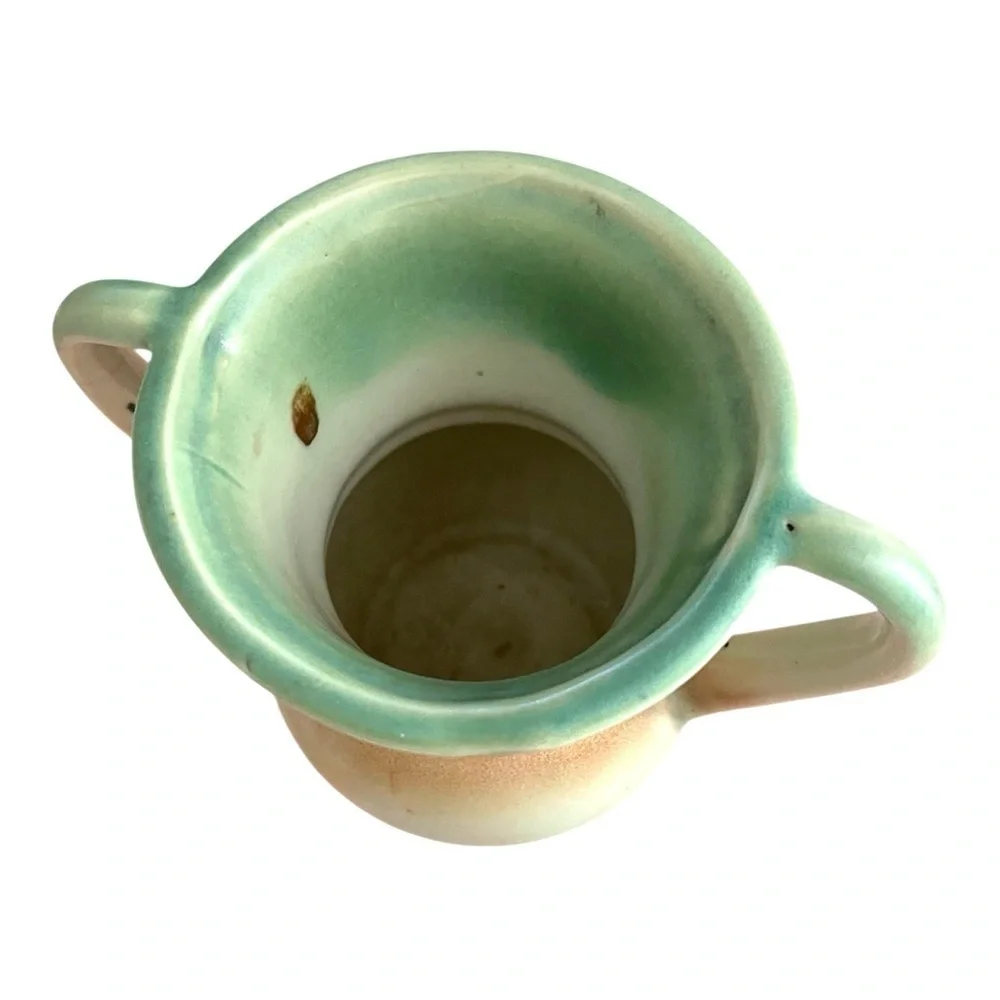 Art Deco Style Ceramic Vase Two Handles, Green & Brown.